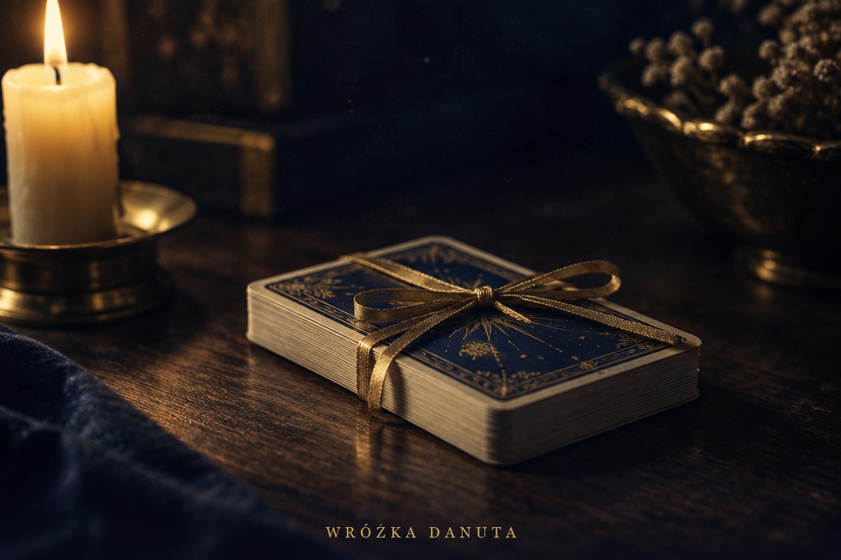 Talia kart tarota przewiązana złotą wstążką przy świecy