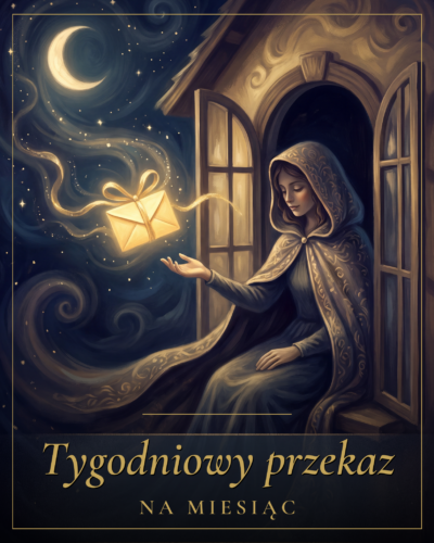 Kobieta w kapturze w oknie chatki przyjmuje świecącą kopertę - Tygodniowy przekaz od Danuty na miesiąc