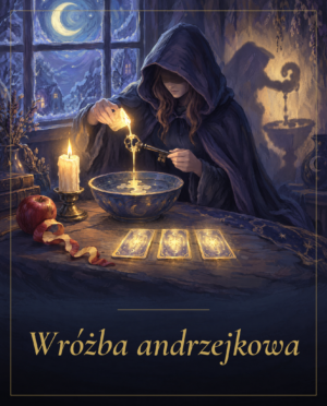 Kobieta w kapturze przelewa wosk przez ucho klucza do misy z wodą, na stole 3 karty tarota, świeca i jabłko - Wróżba andrzejkowa