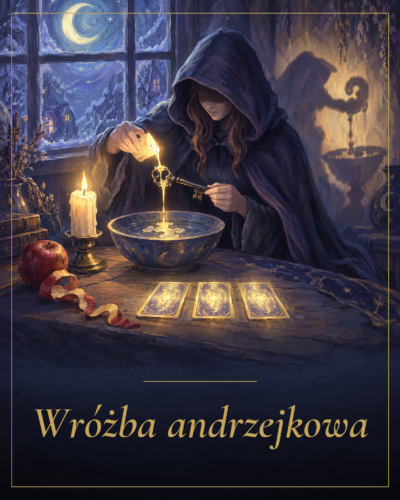 Kobieta w kapturze przelewa wosk przez ucho klucza do misy z wodą, na stole 3 karty tarota, świeca i jabłko - Wróżba andrzejkowa